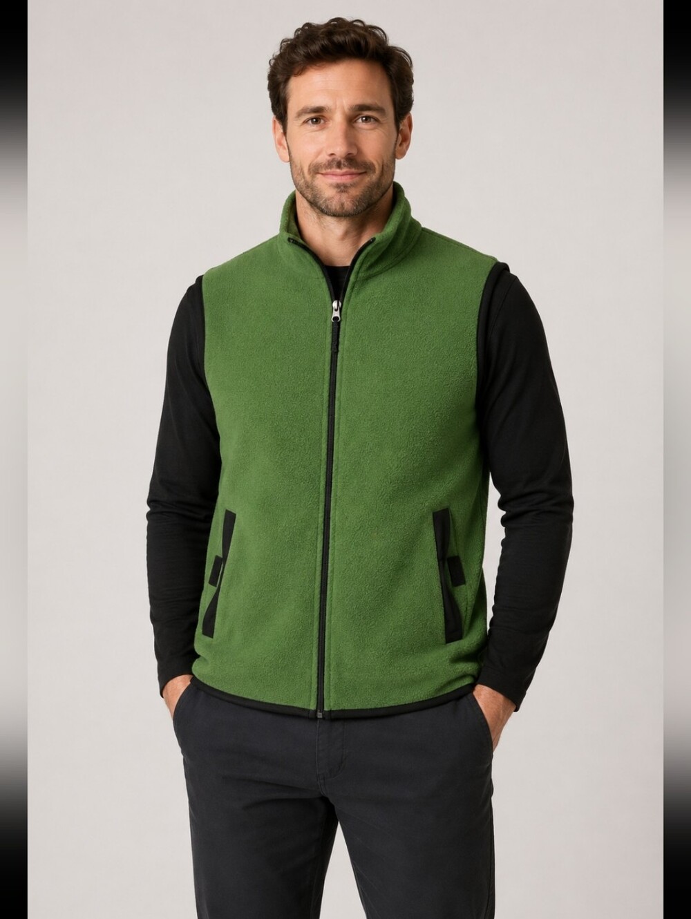 Chaps Men’s XL Green Polar Fleece Vest Full Zip Pockets Black Trim